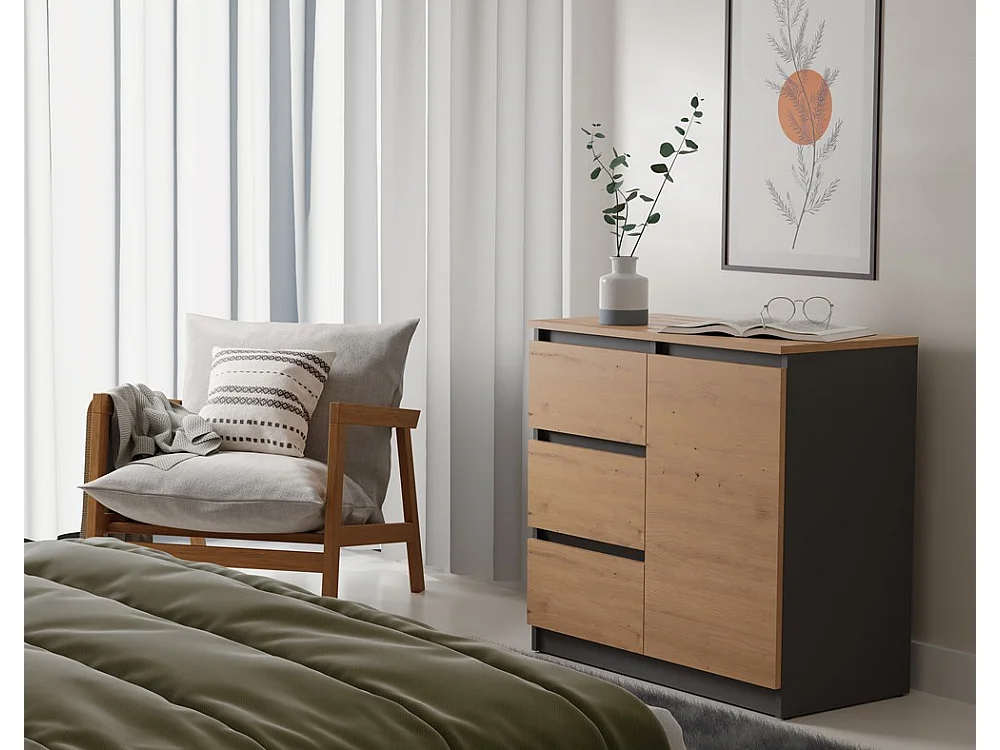 Komoda Malwa 1D3S |   Antracyt-Dąb Artisan | 80x40x75 cm | 3 Szuflady, 1 Drzwi