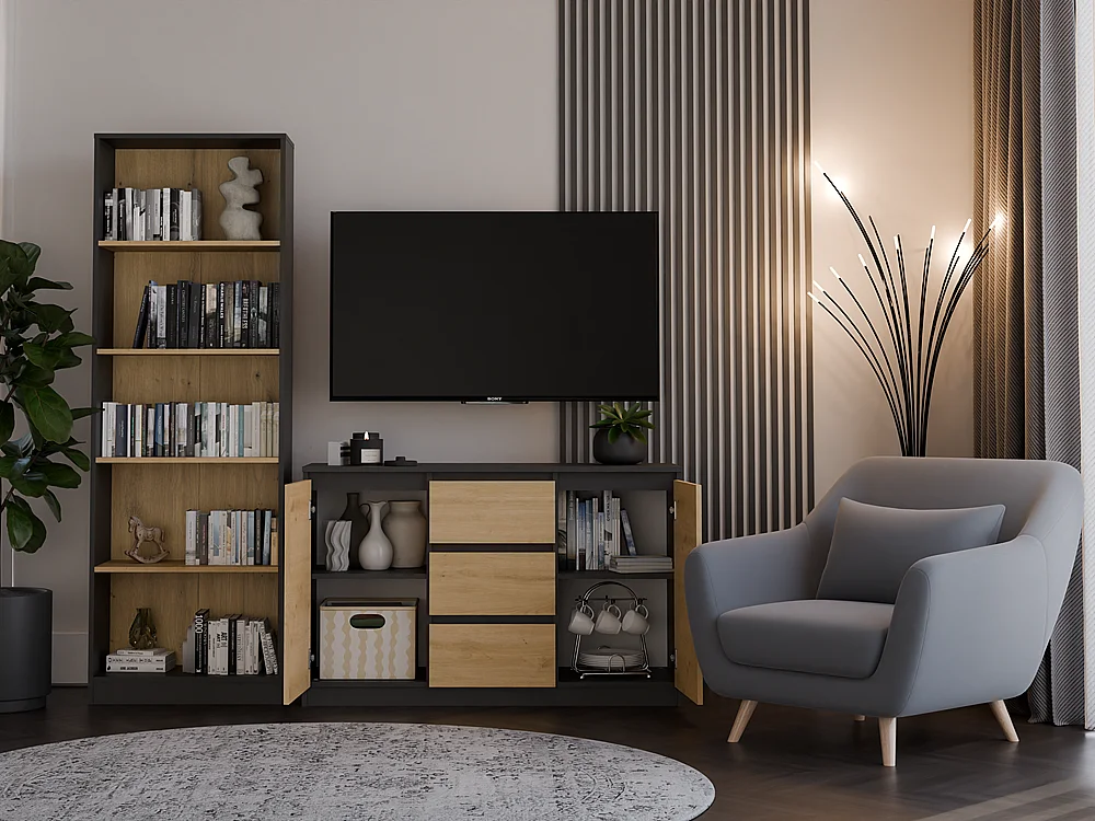 Komoda Malwa 2D3S | Antracyt/ Dąb Artisan | 120x40x75 cm | 2 Drzwi 3 Szuflady