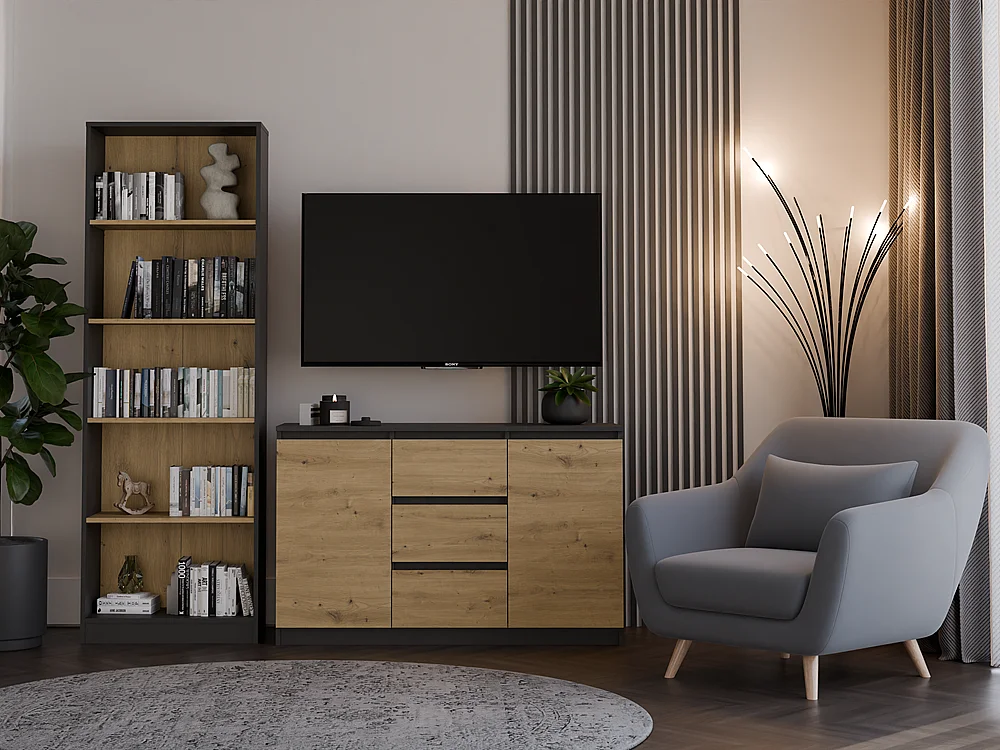 Komoda Malwa 2D3S | Antracyt/ Dąb Artisan | 120x40x75 cm | 2 Drzwi 3 Szuflady