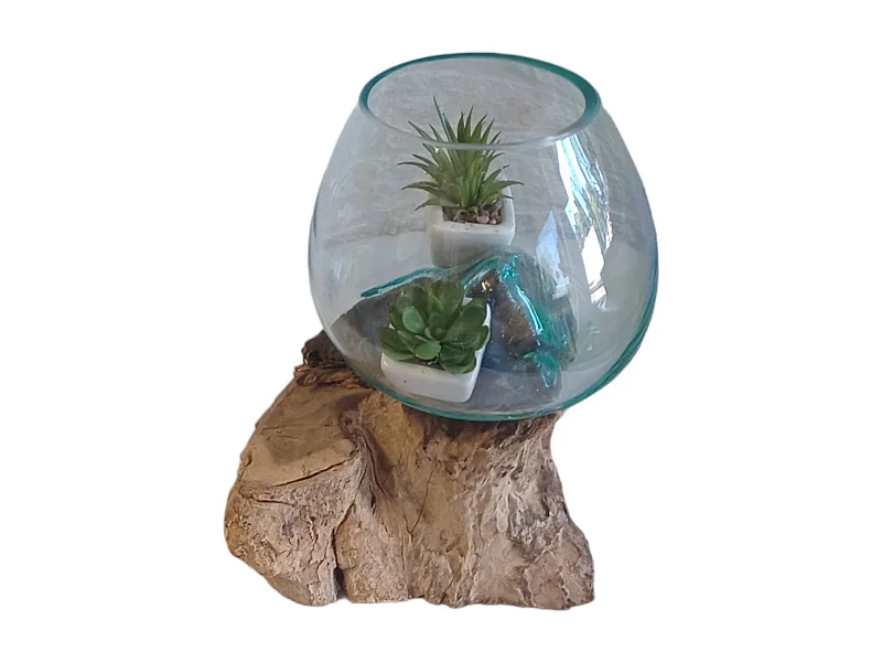 Vase Fishbowl - Glas und Teakholz - Handgefertigt Groß