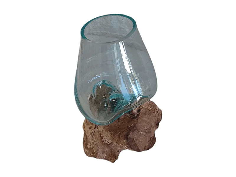Vaas op Teakhout - Glas en Hout - Handgemaakt Uniek Design