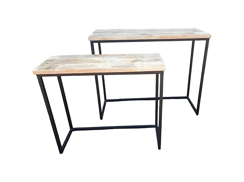 Set de tables d'appoint - Bois de manguier naturel - Métal noir - 2 pièces