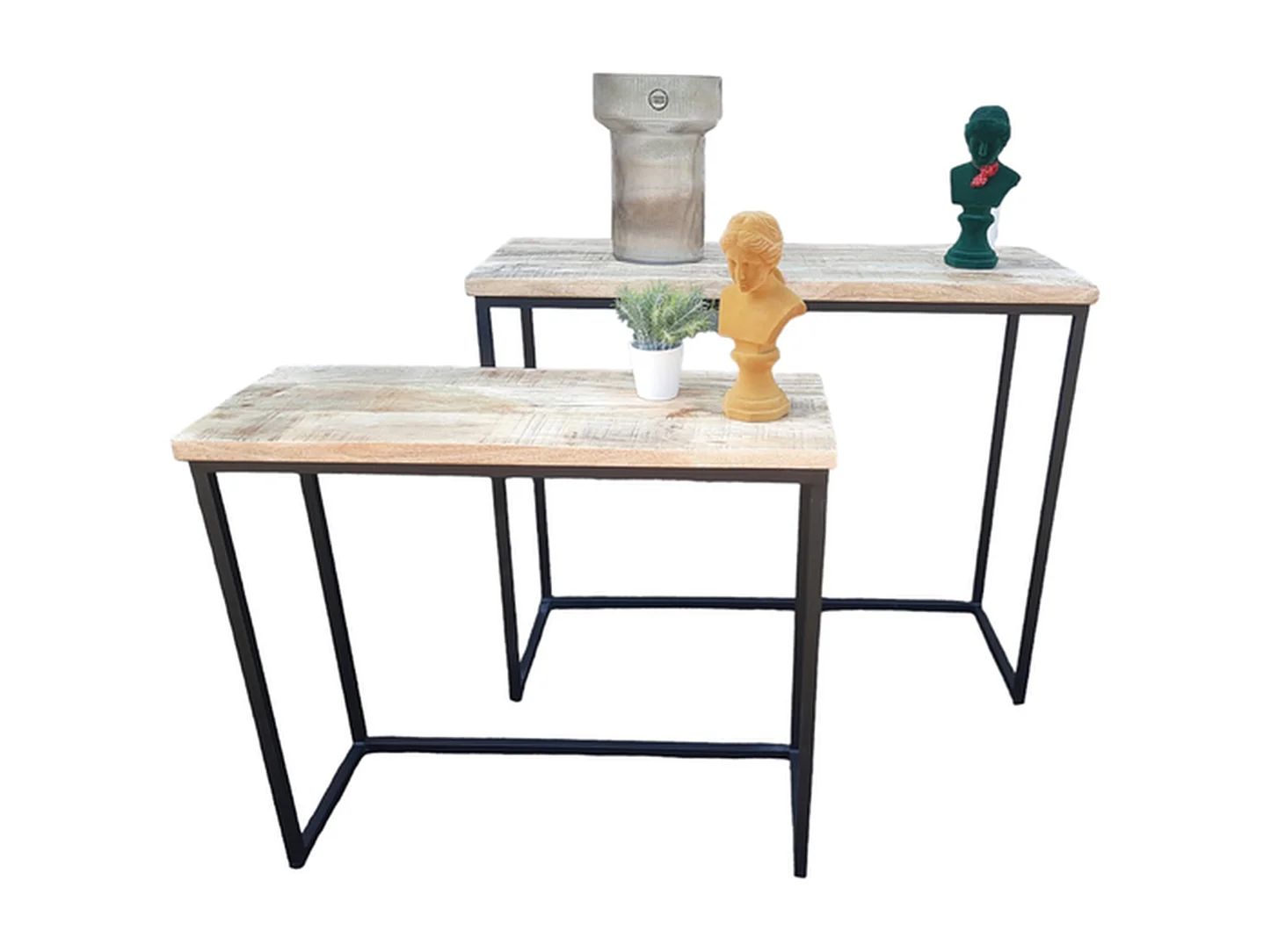 Set de tables d'appoint - Bois de manguier naturel - Métal noir - 2 pièces