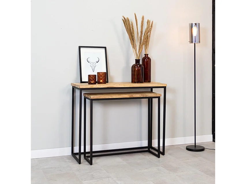 Set de tables d'appoint - Bois de manguier naturel - Métal noir - 2 pièces