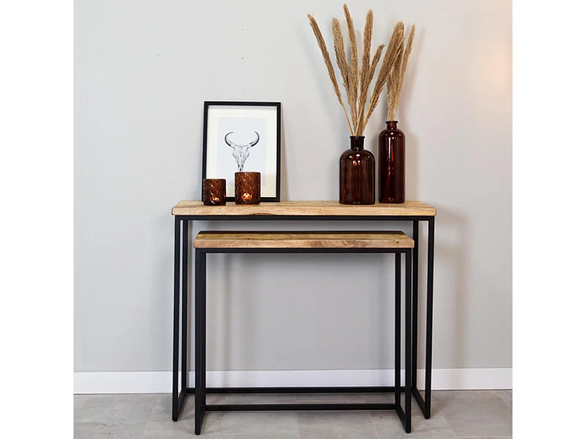 Set de tables d'appoint - Bois de manguier naturel - Métal noir - 2 pièces