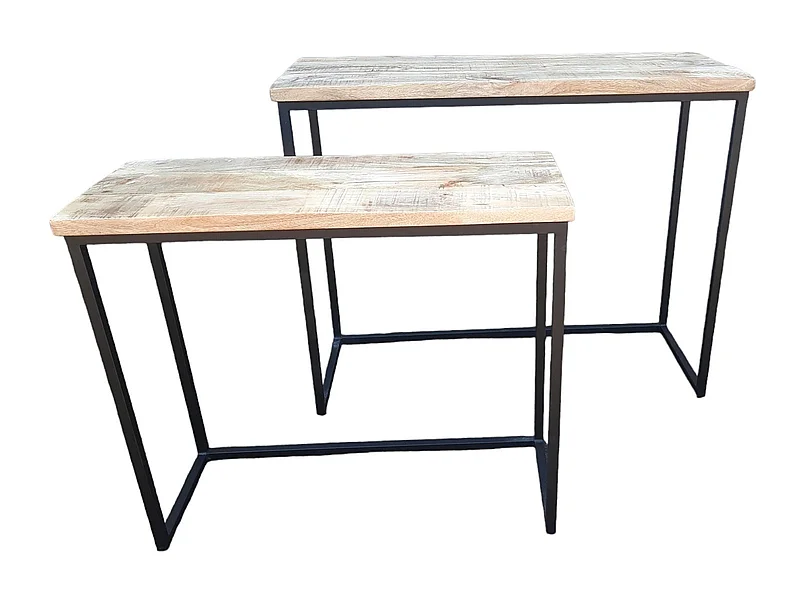 Set de tables d'appoint - Bois de manguier naturel - Métal noir - 2 pièces