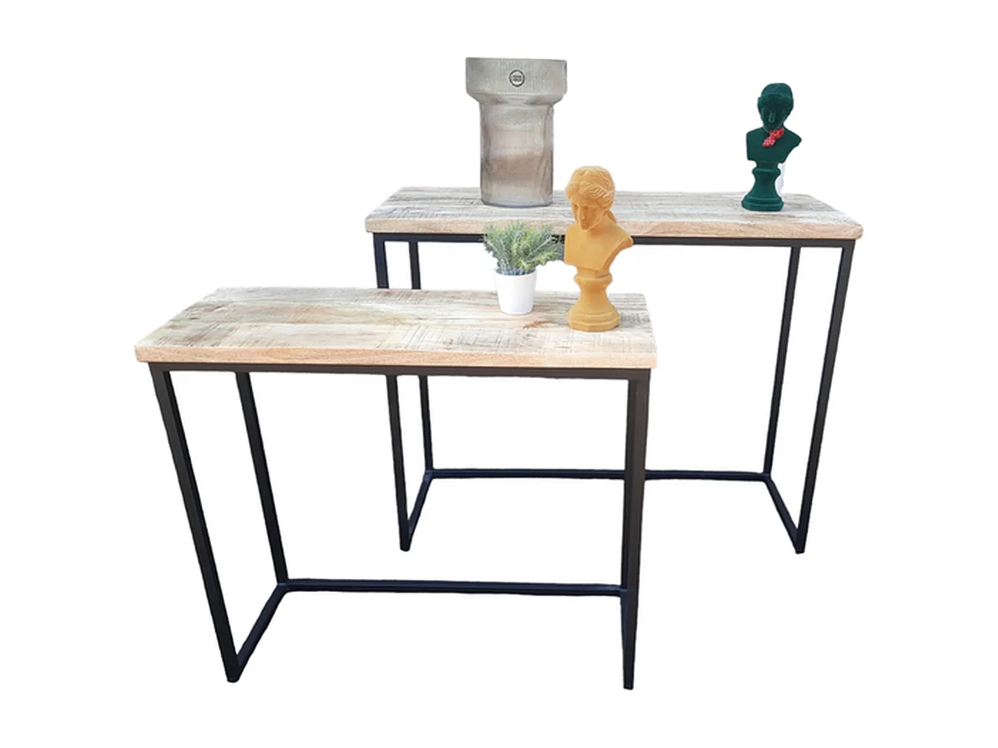 Set de tables d'appoint - Bois de manguier naturel - Métal noir - 2 pièces