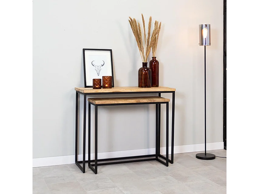 Set de tables d'appoint - Bois de manguier naturel - Métal noir - 2 pièces