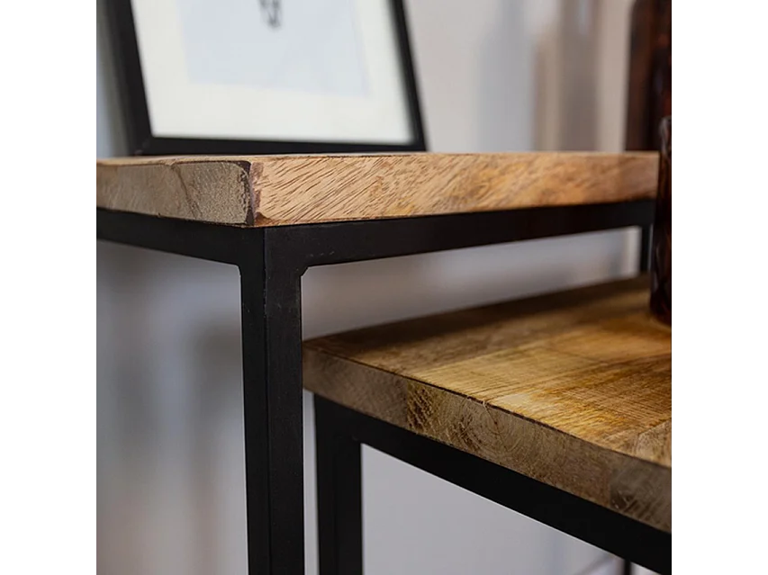 Set de tables d'appoint - Bois de manguier naturel - Métal noir - 2 pièces