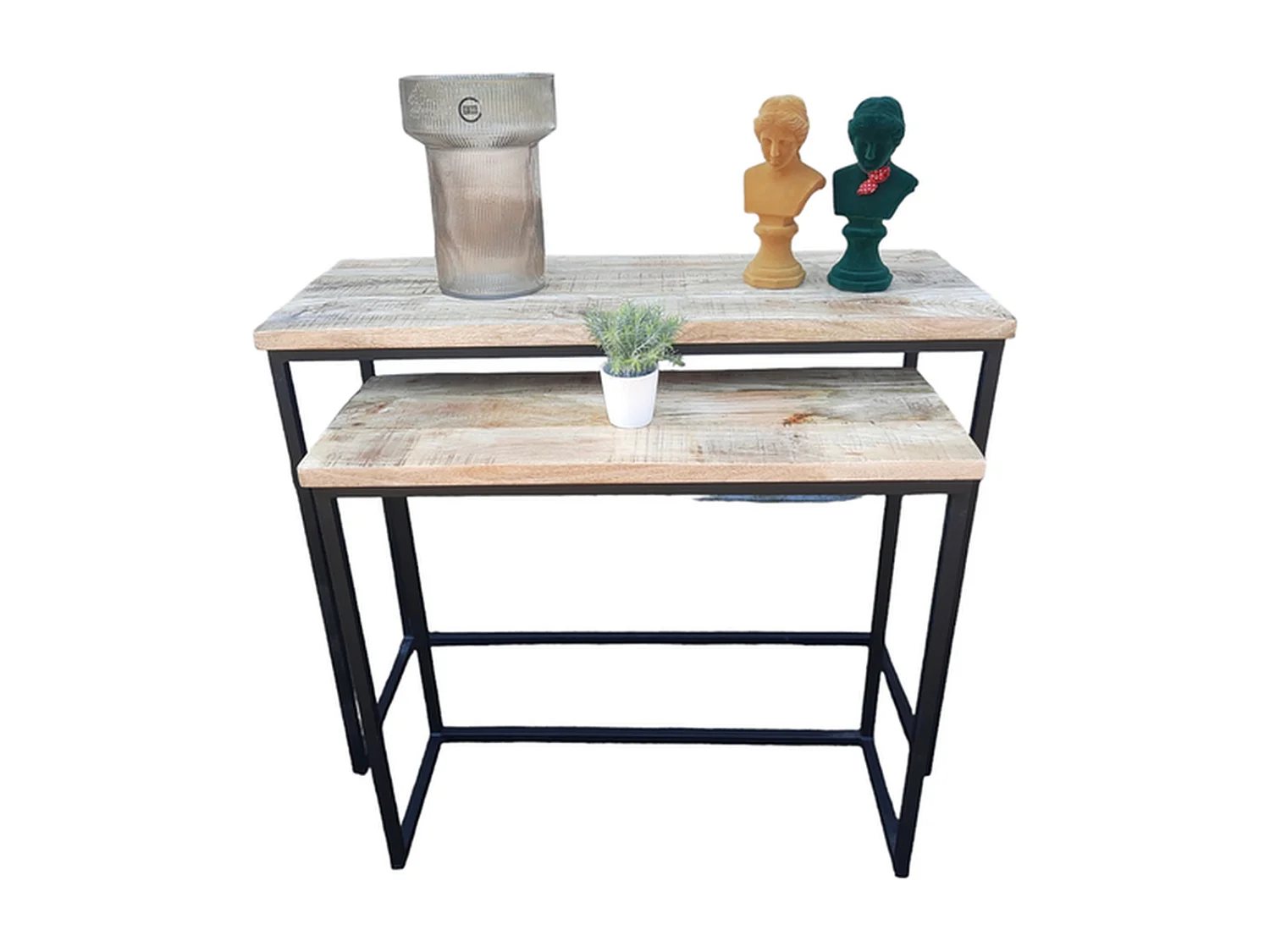 Set de tables d'appoint - Bois de manguier naturel - Métal noir - 2 pièces