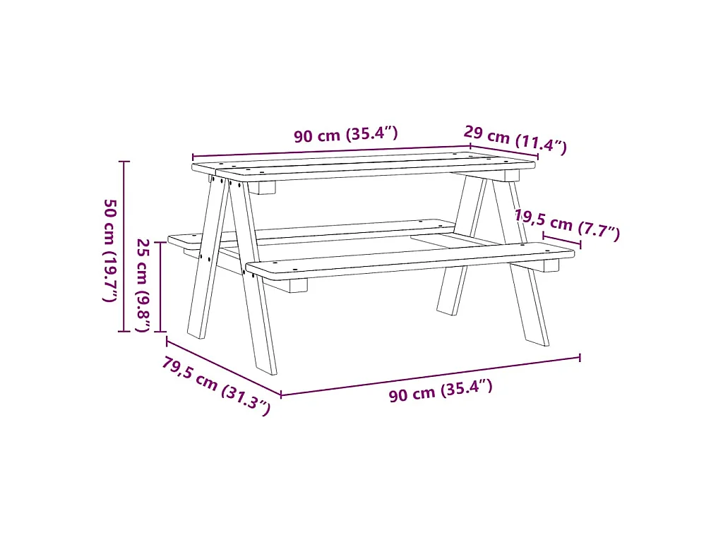 Kindertafel met banken 90x79,5x50 cm massief hout