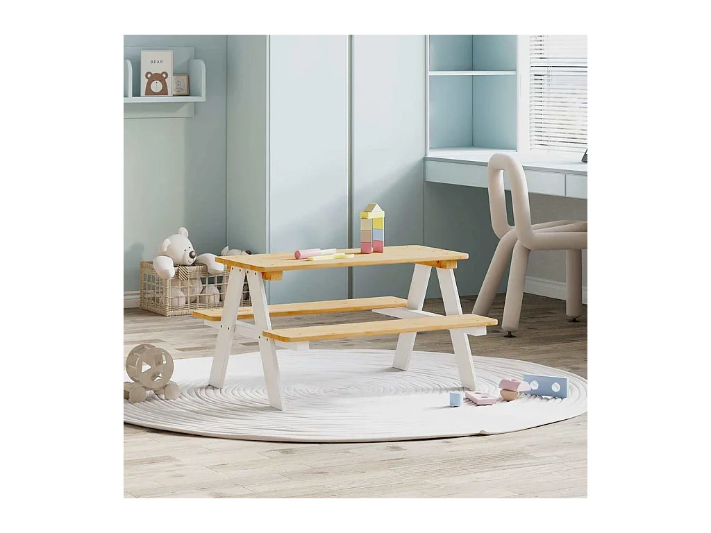 Mesa infantil con bancos IRUN madera maciza blanca 90x79,5x50cm