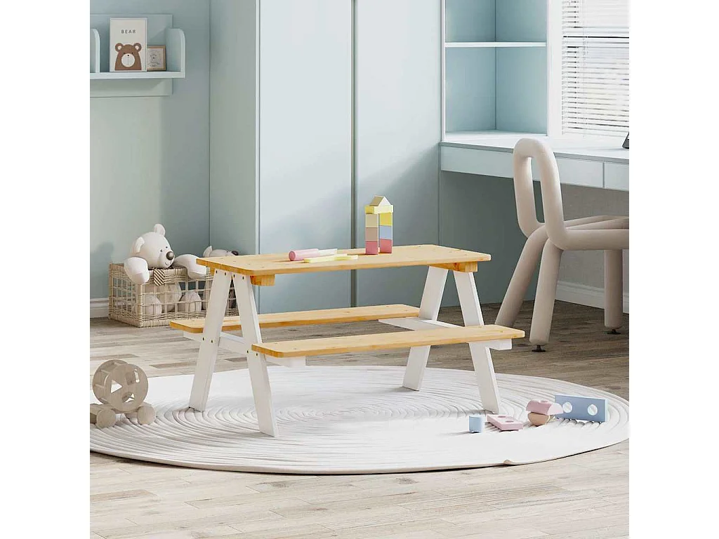 Table et bancs pour enfants IRUN blanc 90x79,5x50cm bois massif