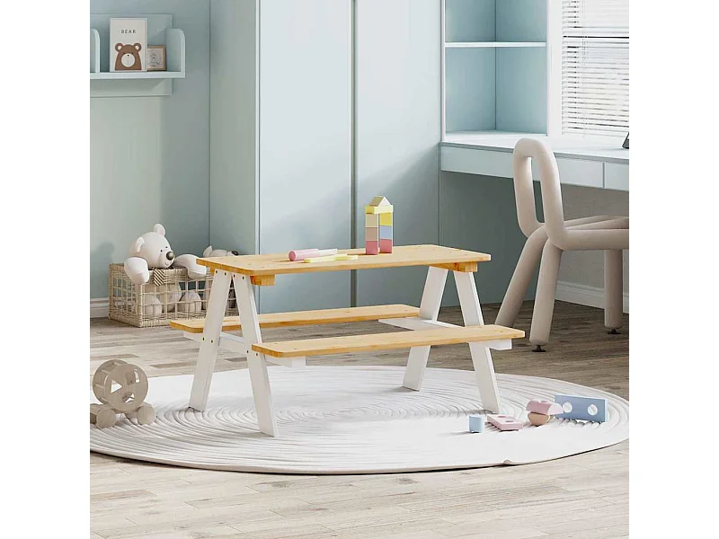 Kindertafel met banken IRUN 90x79,5x50cm massief hout wit