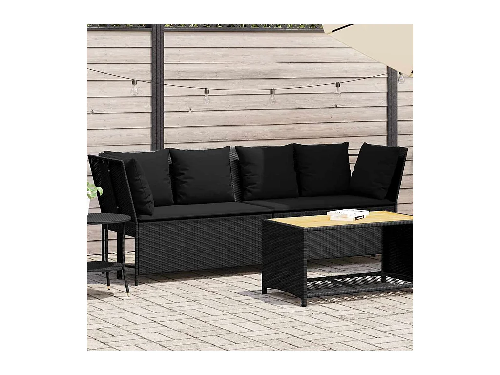 Canapé de jardin avec coussins Noir Résine tressée