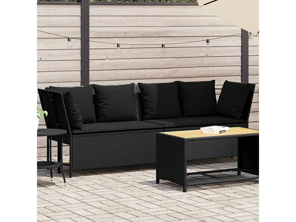 Canapé de jardin avec coussins Noir Résine tressée