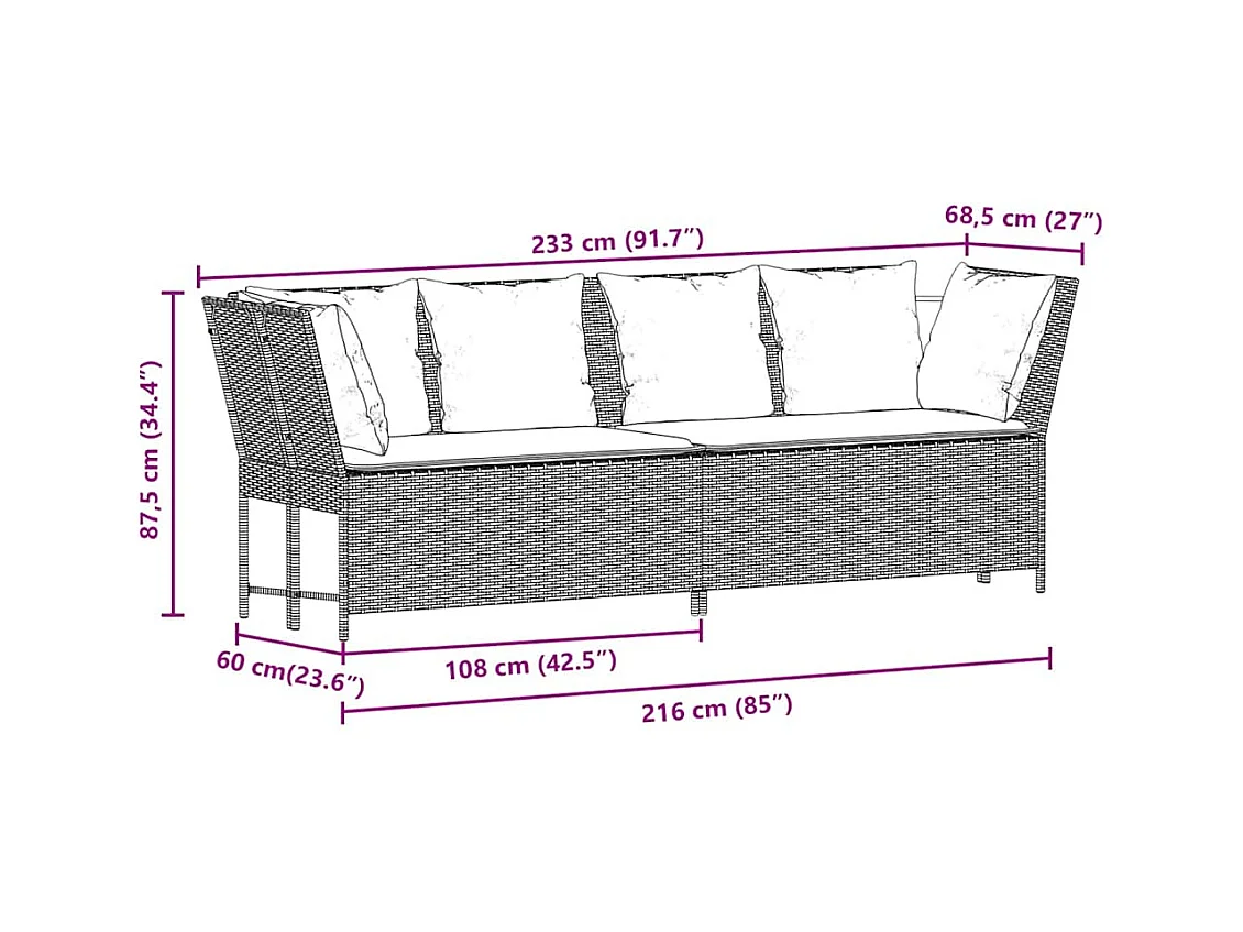 Canapé de jardin et coussins gris clair résine tressée