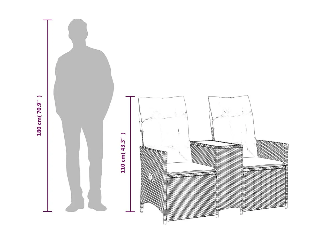 Sofá de jardim reclinável 2 lugares com mesa vime PE cinzento