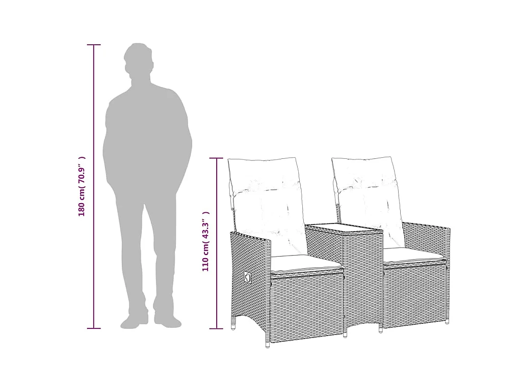 Gartensofa 2-Sitzer Verstellbar mit Tisch Grau Poly Rattan