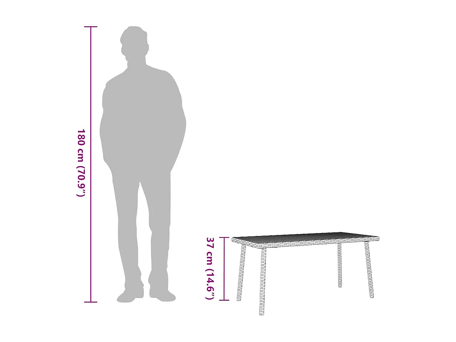 Table basse de jardin rectangulaire noir 80x40x37 cm rotin