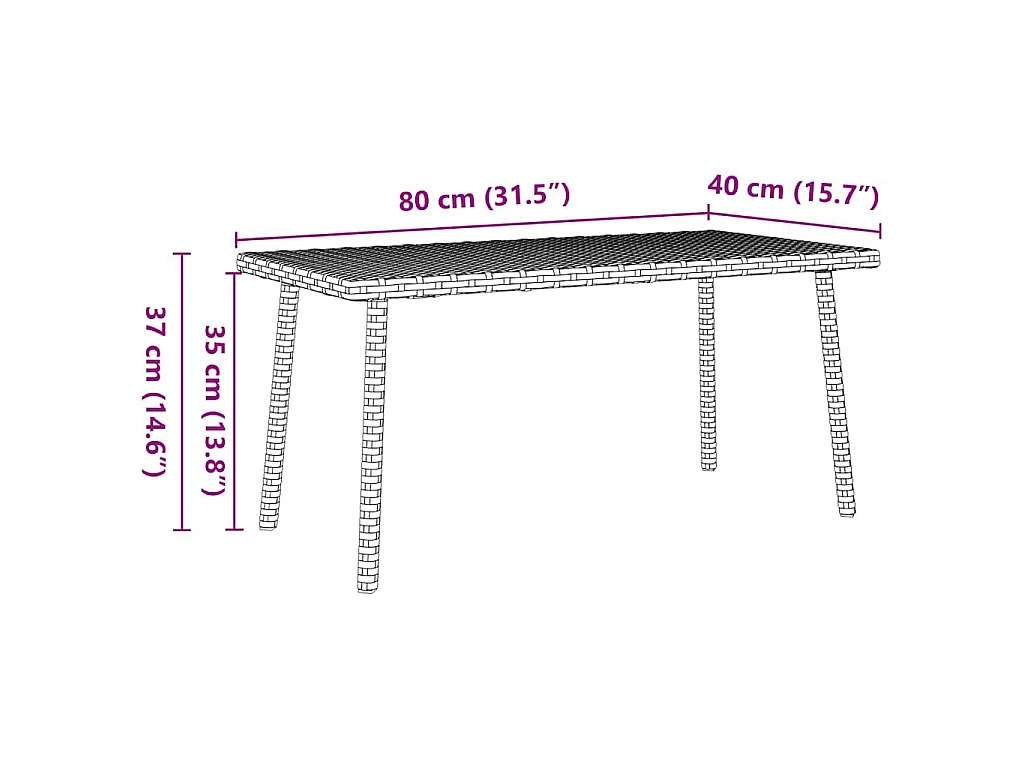 Table basse de jardin rectangulaire noir 80x40x37 cm rotin