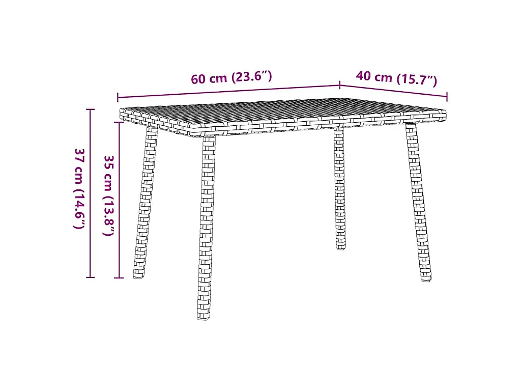 Table basse de jardin rectangulaire marron 60x40x37 cm rotin