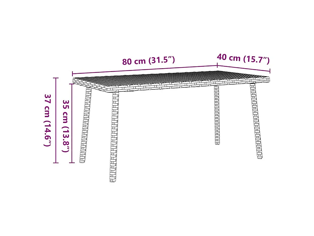 Table basse de jardin rectangulaire gris 80x40x37 cm rotin