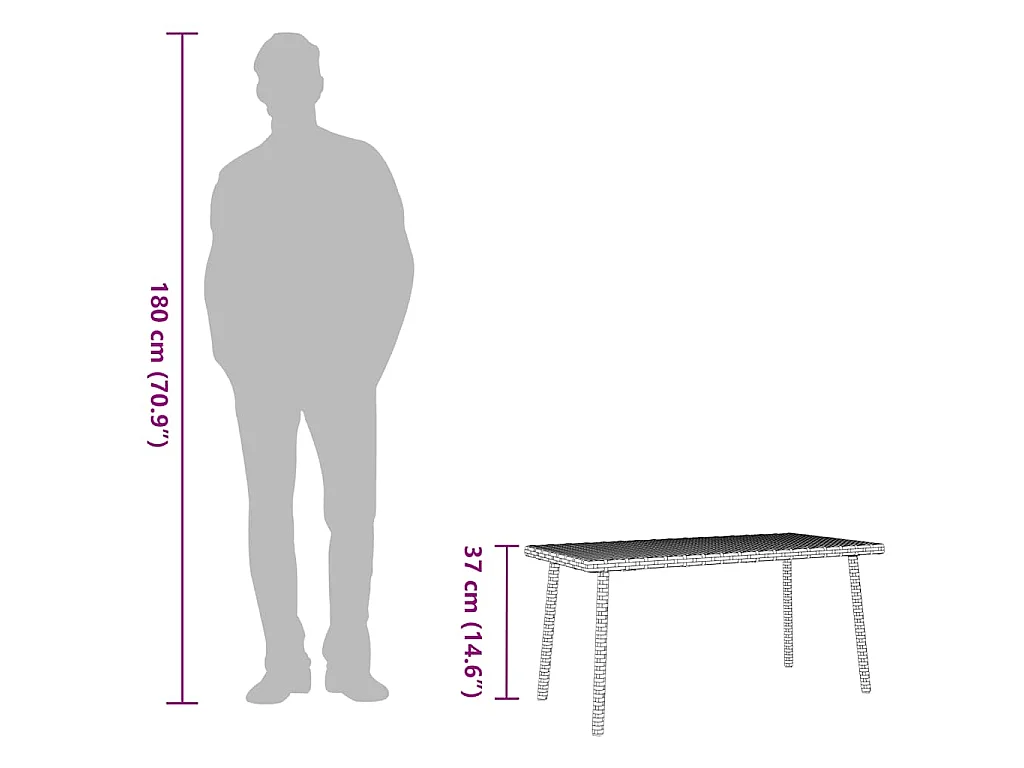 Table basse de jardin rectangulaire gris 80x40x37 cm rotin