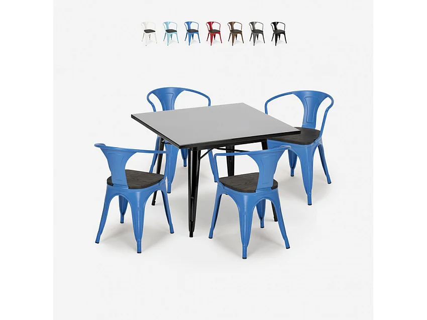 juego industrial mesa 80 x 80 cm 4 sillas estilo madera acero cocina century wood black - Azul Marino