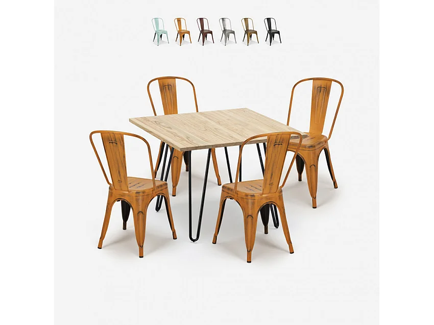 Set tavolo 80x80cm in metallo e legno 4 sedie vintage bar Pear Martini