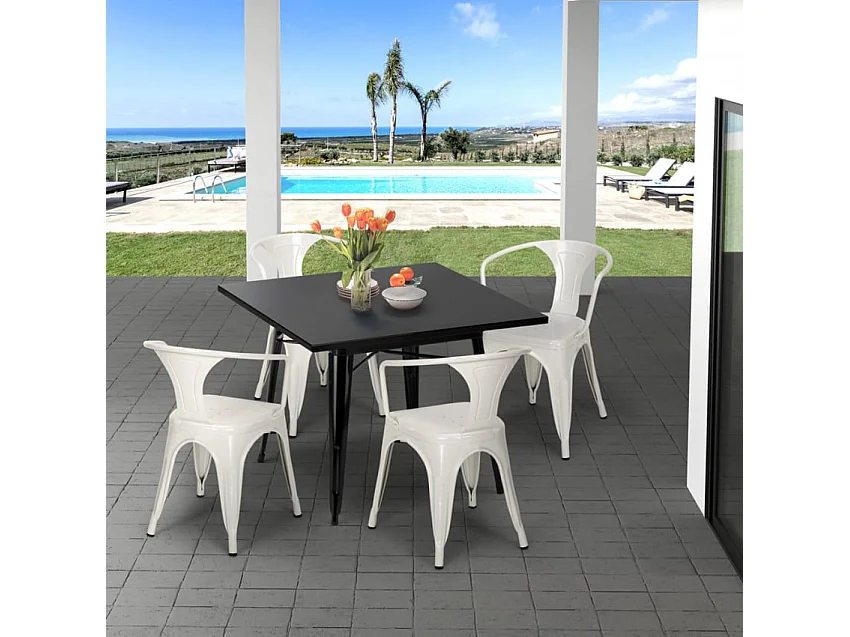 juego mesa acero 80 x 80 cm estilo industrial 4 sillas cocina restaurante century black - Gris Oscuro