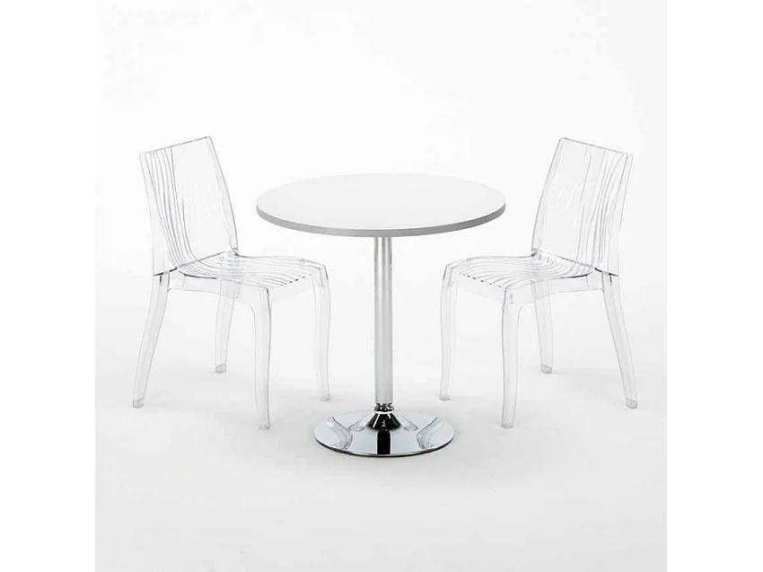 Set tavolo rotondo 70x70cm 2 sedie colorate trasparenti bar Caipiroska