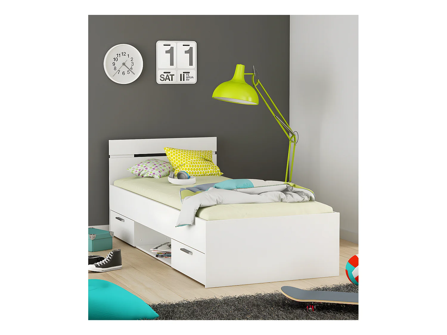 Lit enfant avec rangements coloris blanc mat - 94,5 x 74,2 x 204,3 cm