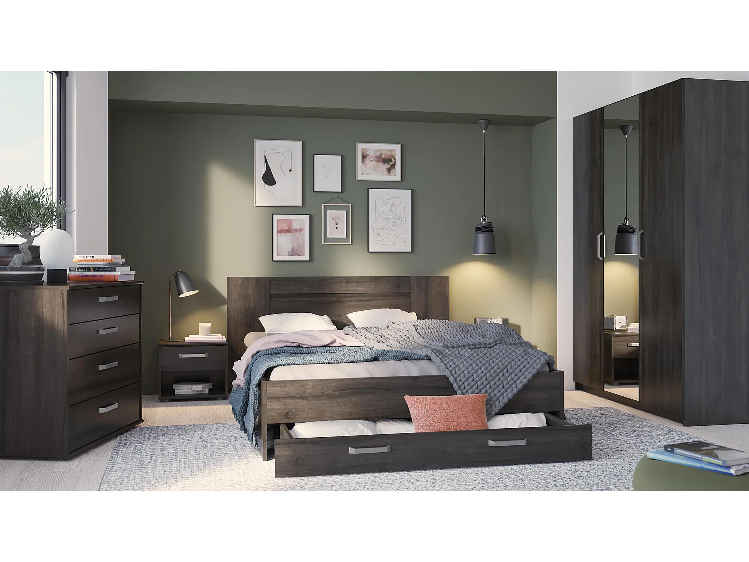 Lit adulte double 160x200 cm coloris chêne Wateford - Longueur 180 x Hauteur 80 x Profondeur 205 cm