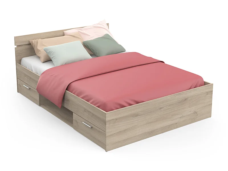 Lit adulte coloris chêne kronberg - longueur 144 x profondeur 204 x hauteur 74 cm