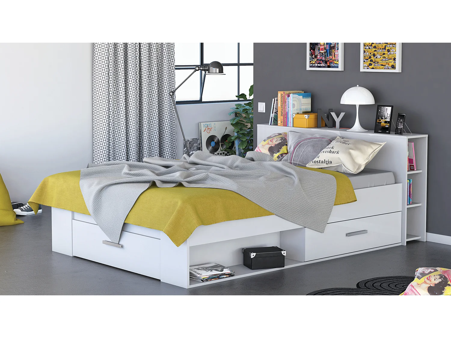 Lit 2 places avec rangements en bois coloris blanc mat - 150,1 x 76,3 x 217,3 cm