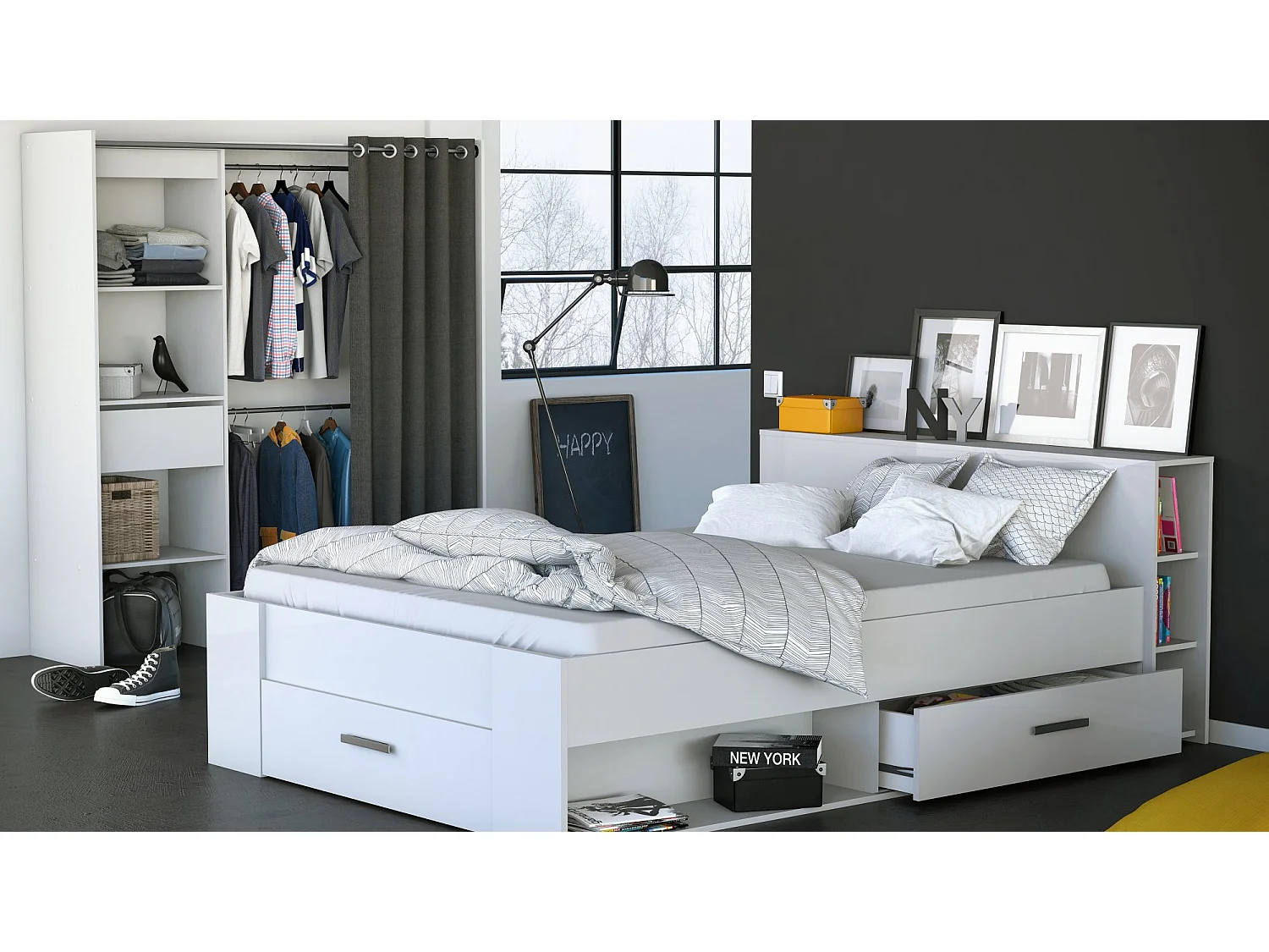 Lit 2 places avec rangements en bois coloris blanc mat - 150,1 x 76,3 x 217,3 cm