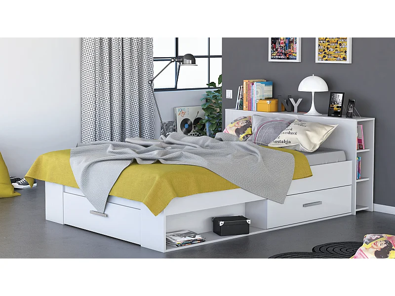 Lit 2 places avec rangements en bois coloris blanc mat - 150,1 x 76,3 x 217,3 cm