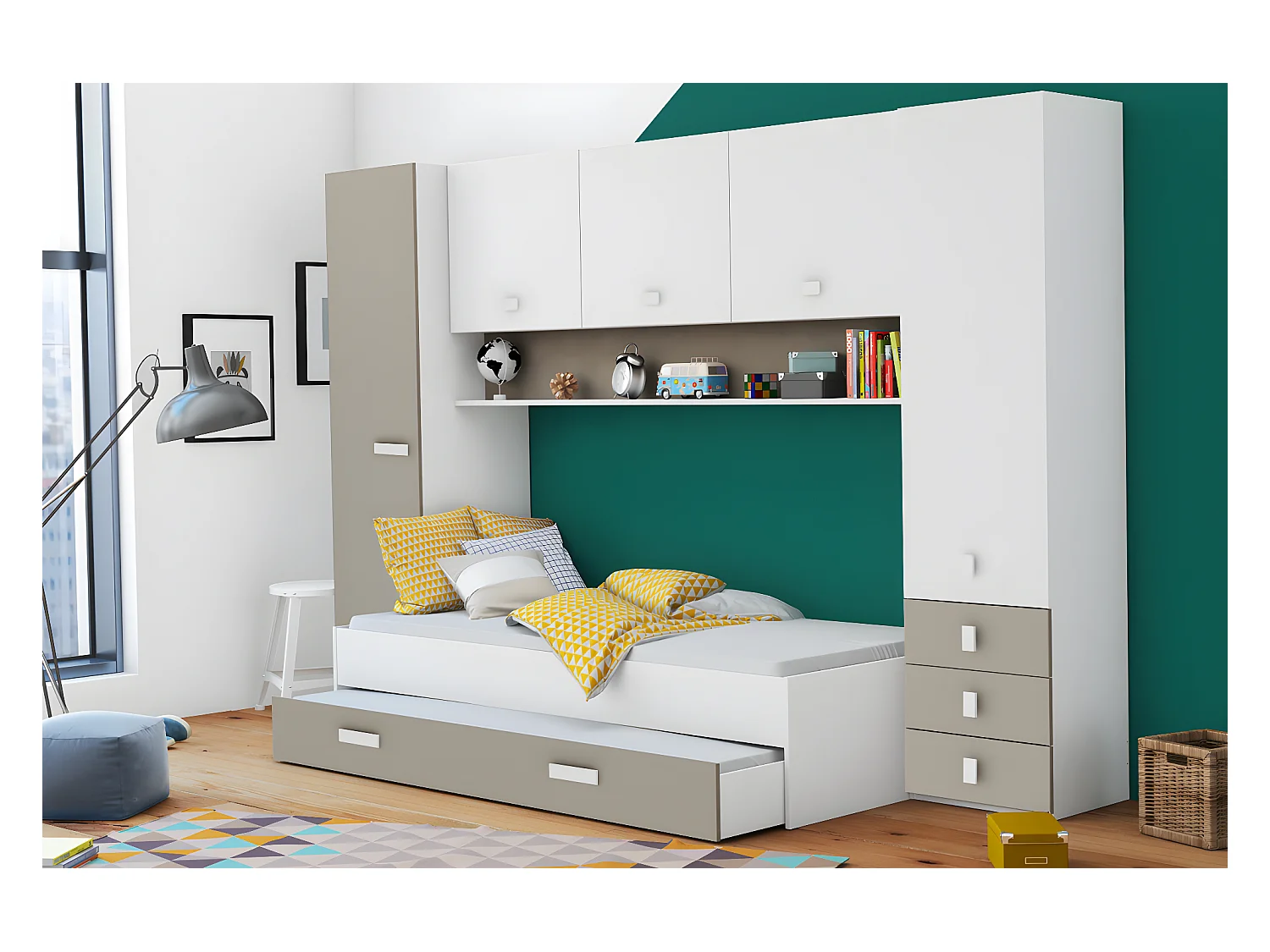 Tiroir de lit enfant , coloris blanc mat/argile - 198,4 x 21,9 x 93 cm