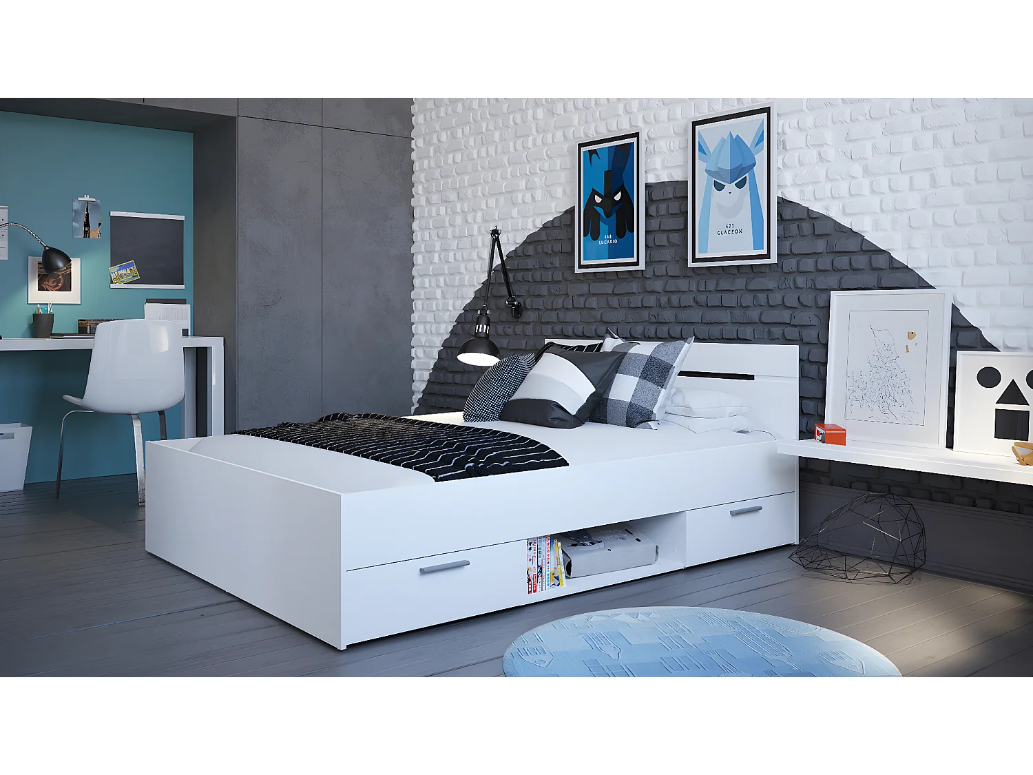 Lit adulte avec rangement coloris blanc mat - 144,1 x 74,2 x 194,7 cm