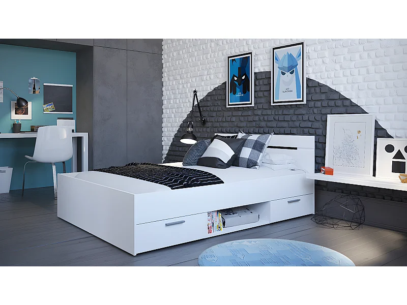 Lit adulte avec rangement coloris blanc mat - 144,1 x 74,2 x 194,7 cm