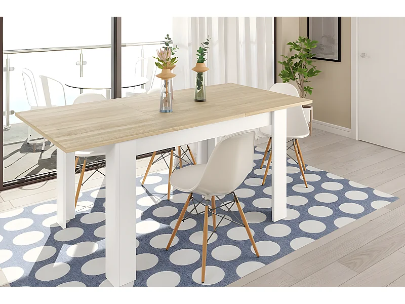 Table à manger Extensible imitation chêne canadian et blanc Artik - 78 x 140-190 x 90 cm