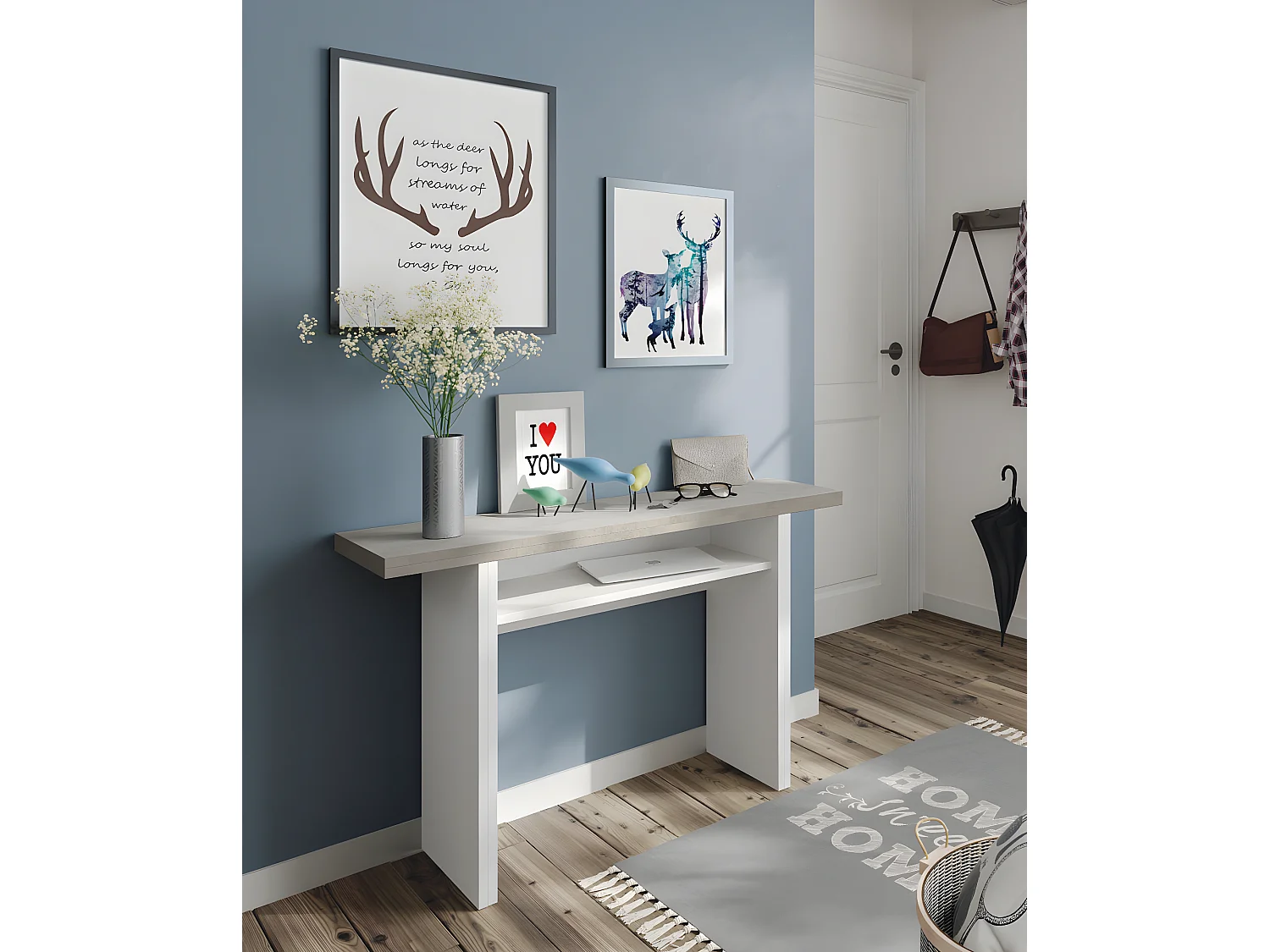 Table escamotable, blanc artic/béton - Dim : 75 x 120 x 35 cm