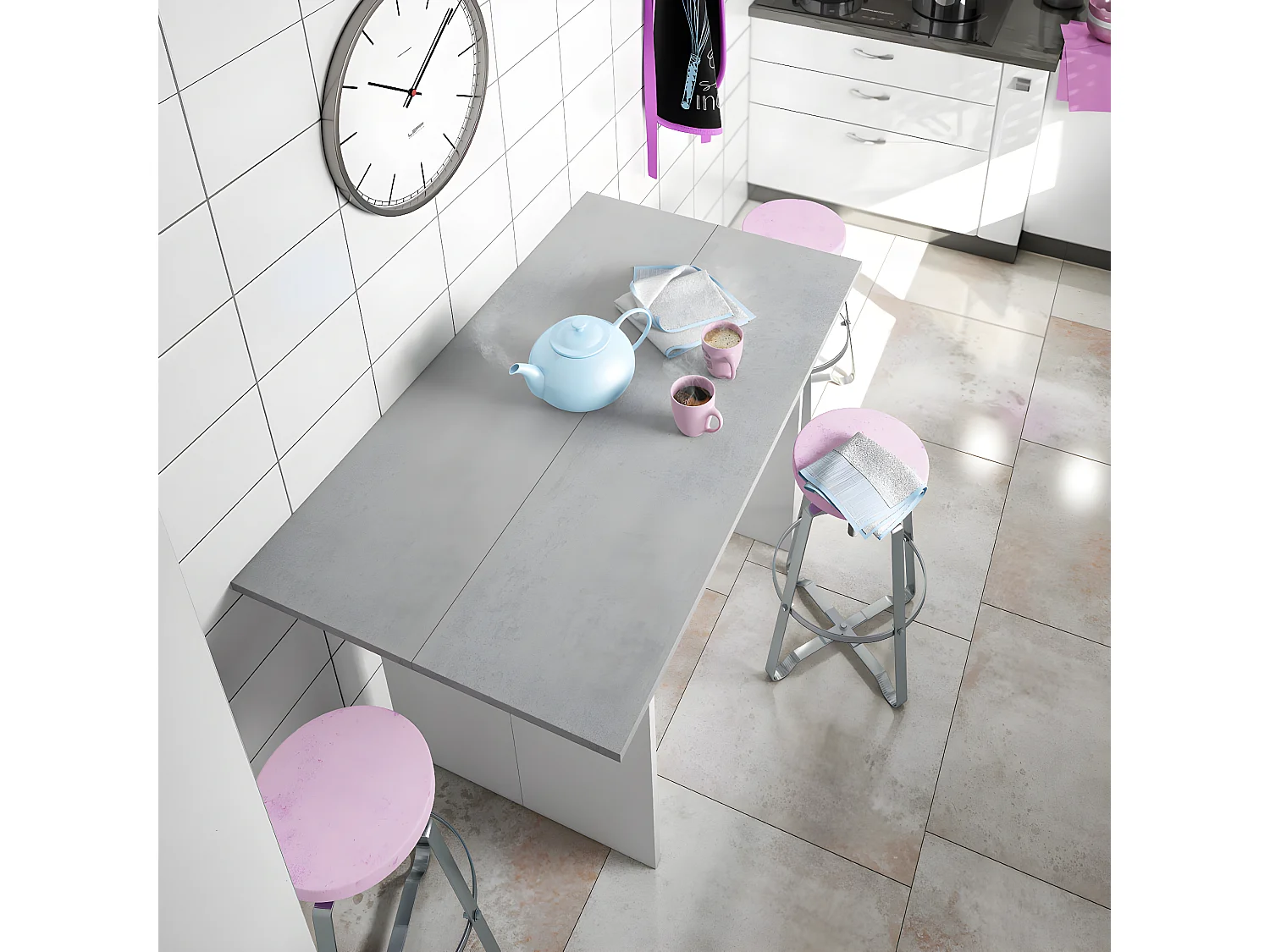 Table escamotable, blanc artic/béton - Dim : 75 x 120 x 35 cm