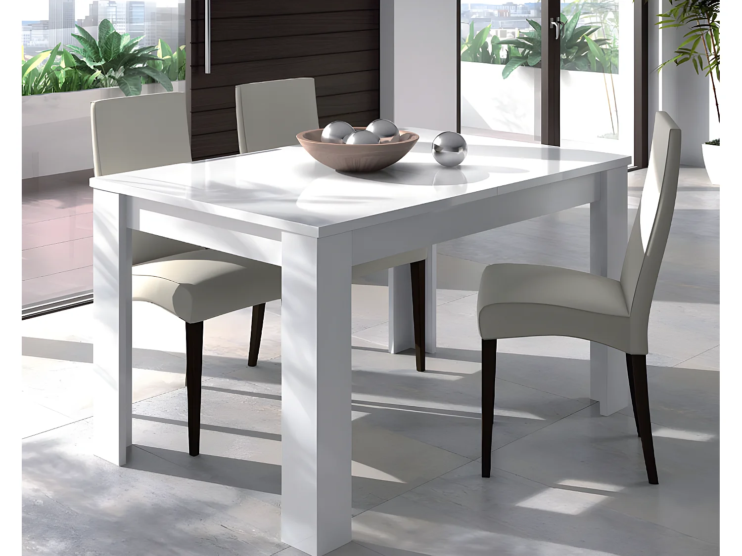 Table à manger extensible en mélamine coloris blanc brillant - Dim : L140 x P90 x H78 cm