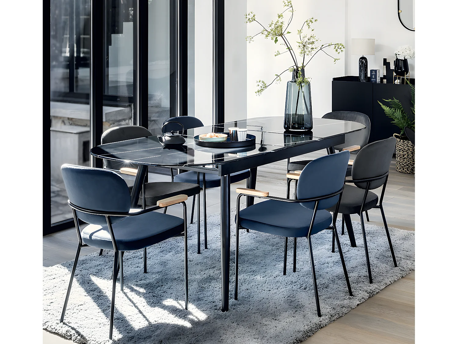 Table à manger extensible, plateau verre trempé effet marbre - Longueur 160 x Profondeur 90 x Hauteur 78,5 cm