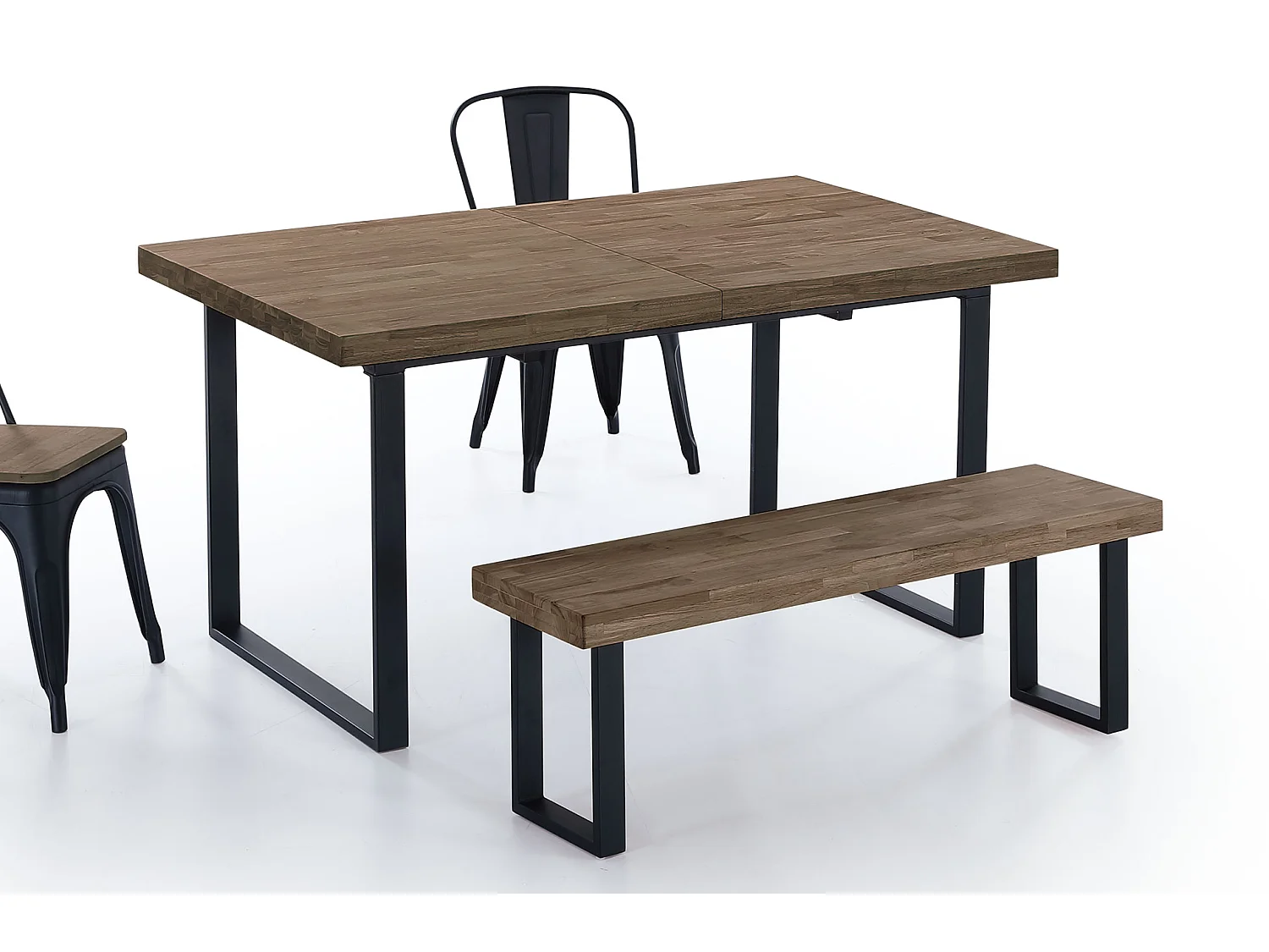 Table à manger rectangulaire extensible coloris chêne américain / pieds noir , Longueur 140 - 180 x largeur 80 x Hauteur 76 cm