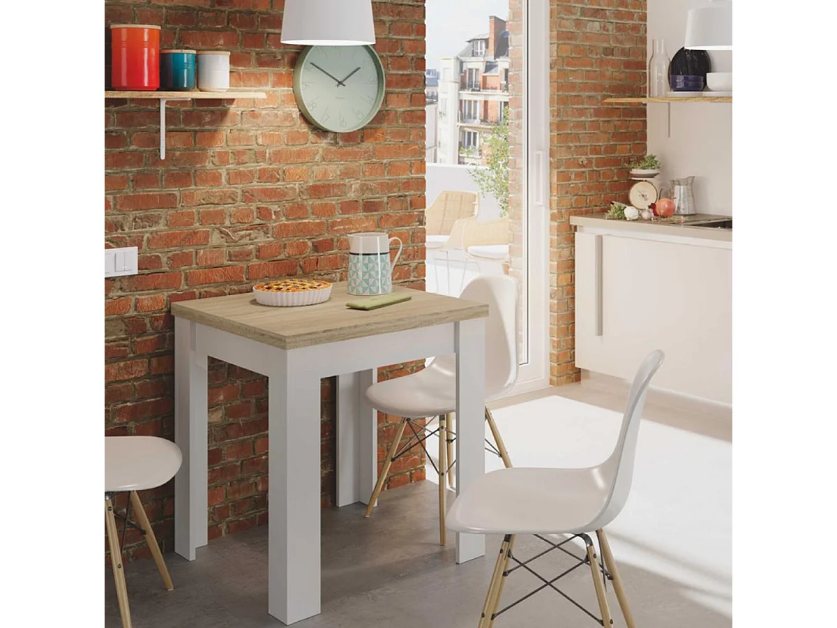 Table de cuisine extensible coloris chêne canadien / blanc artic - Hauteur 79 x longueur 67/134cm x profondeur 67 cm