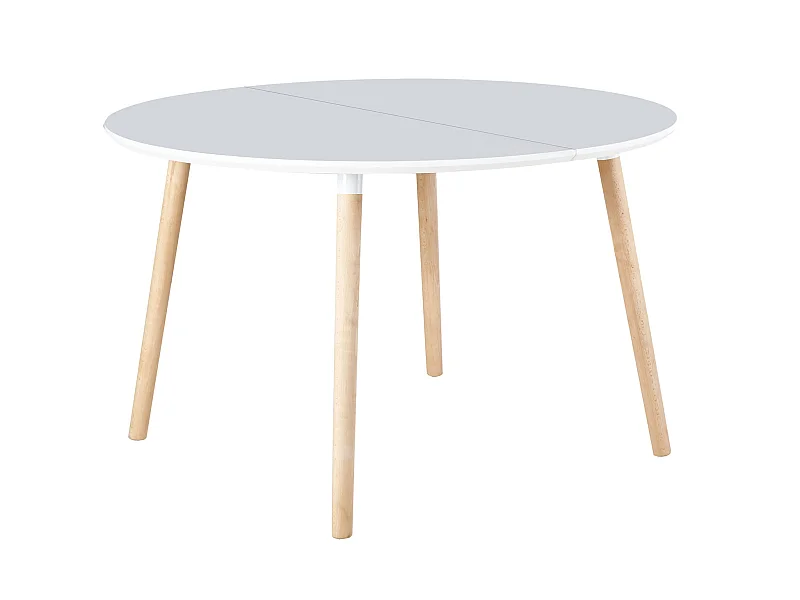 Table à manger ronde extensible coloris blanc / pieds hêtre, Longueur 140 - 180 x Largeur 100 x Hauteur 75 cm