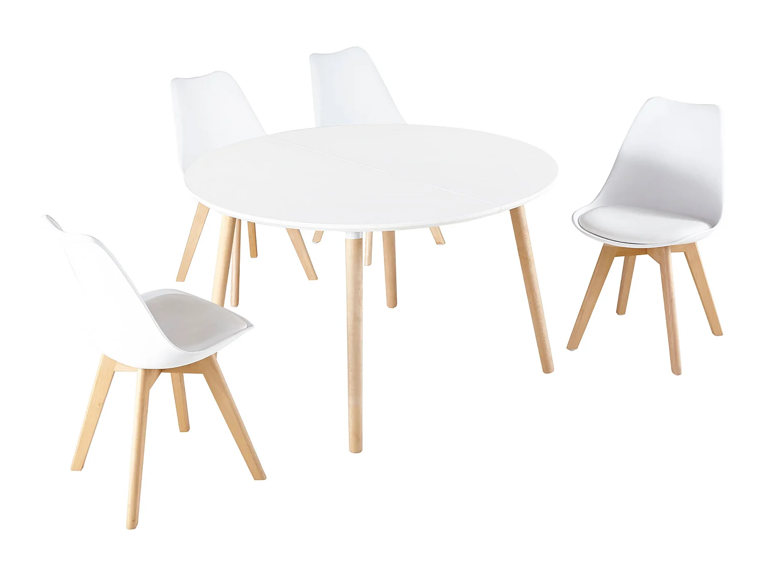 Table à manger ronde extensible coloris blanc / pieds hêtre, Longueur 140 - 180 x Largeur 100 x Hauteur 75 cm